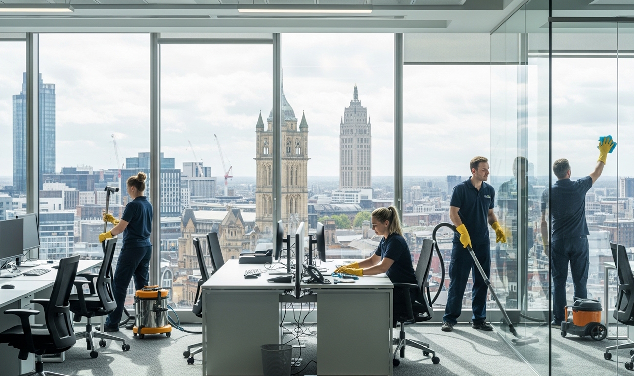 Contract cleaning team working in a Manchester office