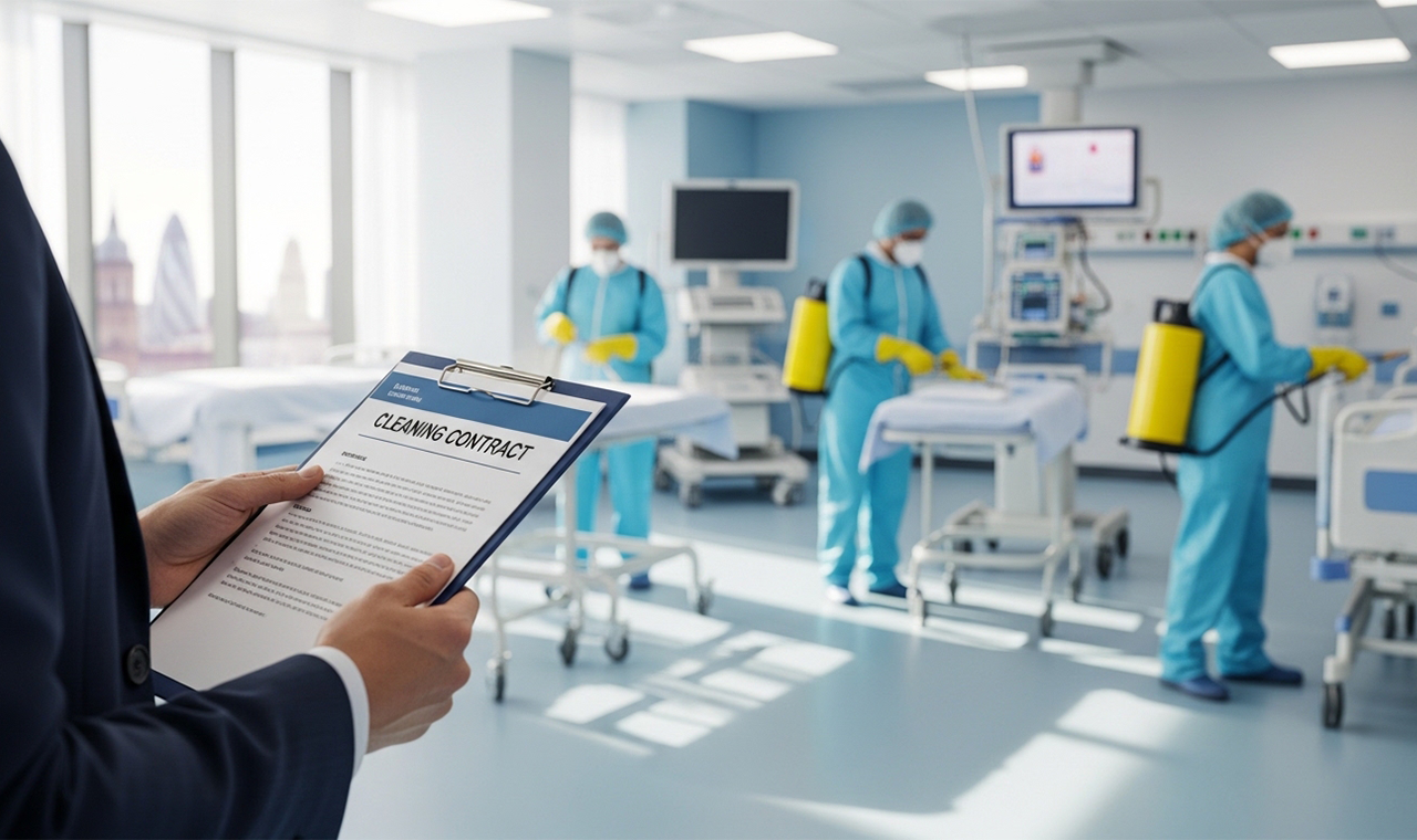Healthcare cleaning operative in PPE cleaning hospital corridor to CQC standards